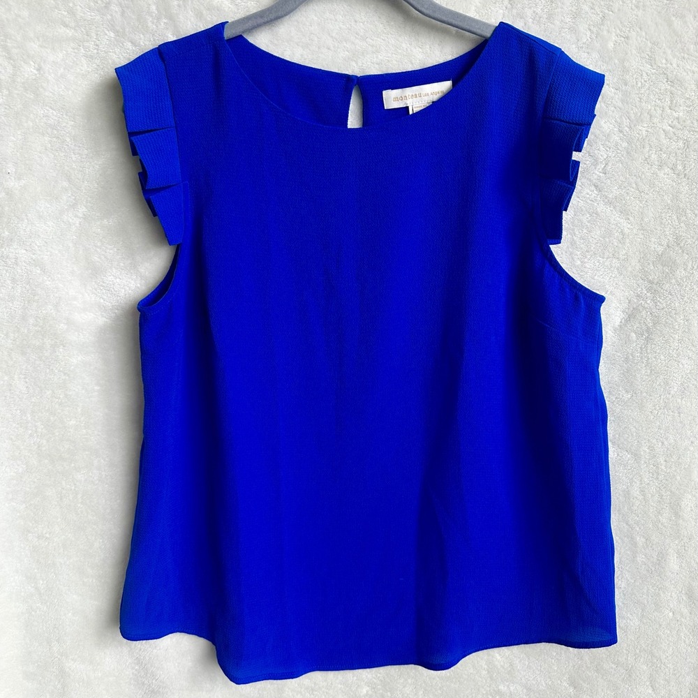 Monteau Los Angeles Cobalt Blue Box Pleat Sleeve Blouse Keyhole Sz L‎